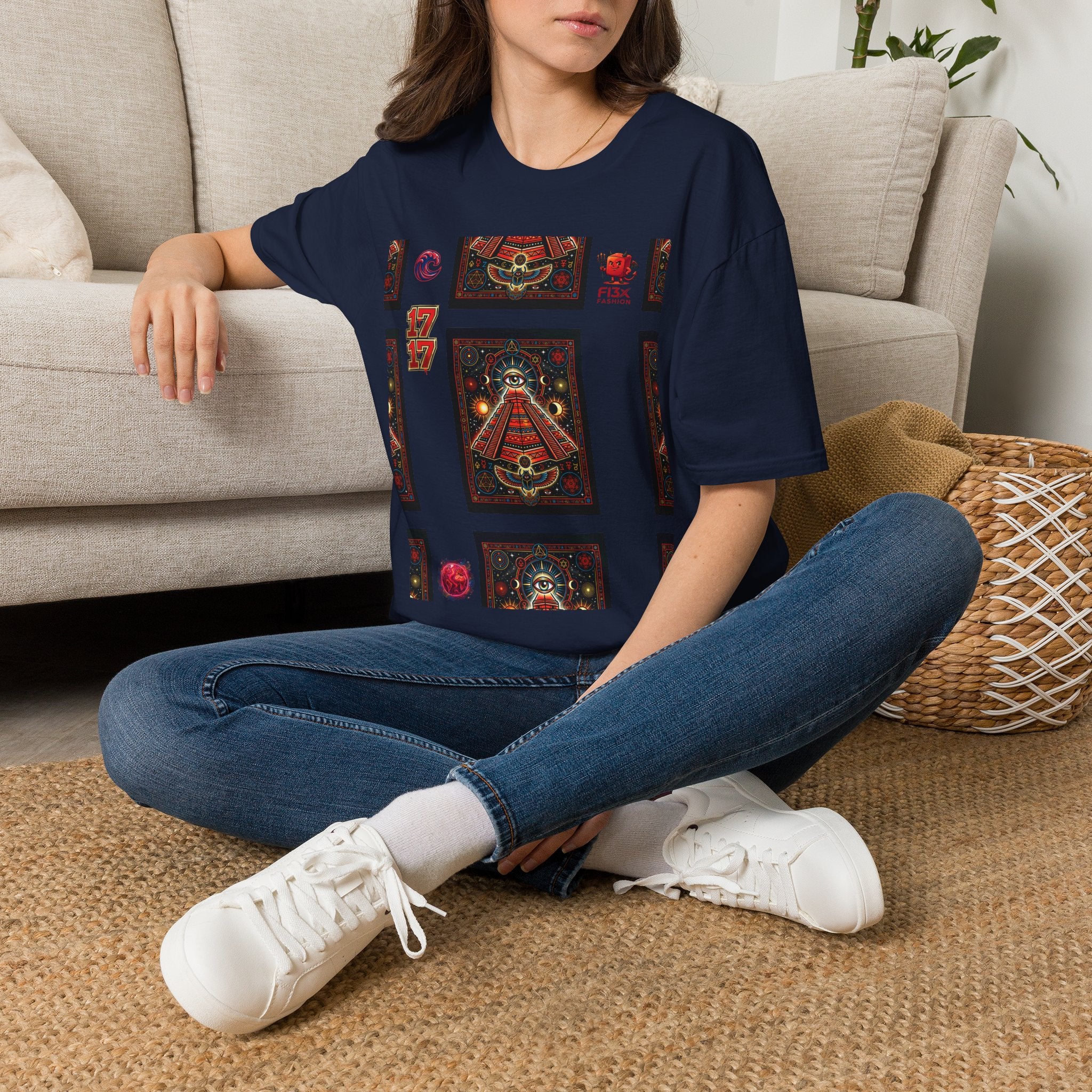 T-Shirt — Retro Cosmic Tarot Graphic with '17' Mystic Symbols