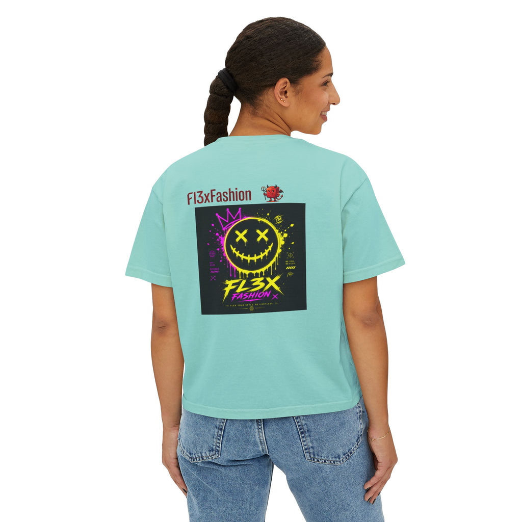 Women's Boxy Tee - Neon Smiley "FL3X" Graphic Streetwear