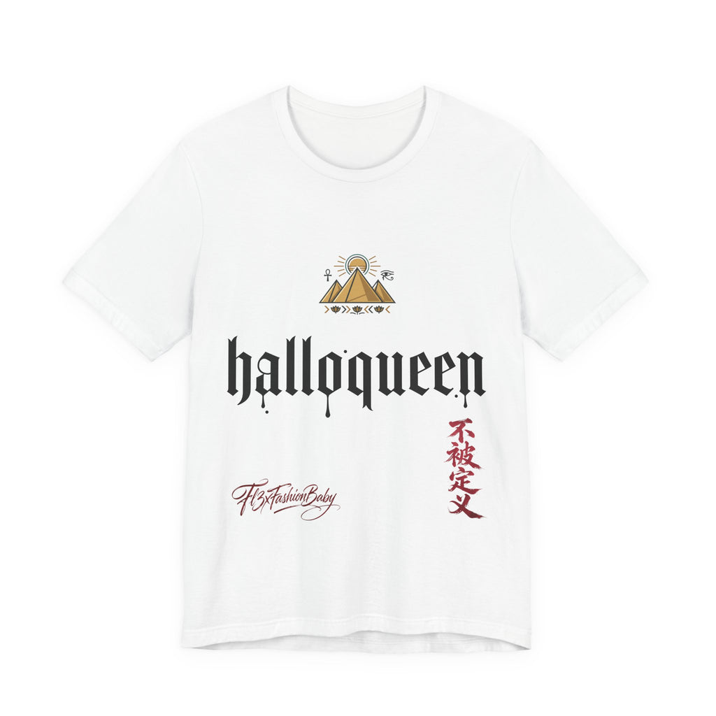 Halloqueen Graphic Tee — Gothic Script Halloween T‑Shirt with Pyramid & Asian Calligraphy