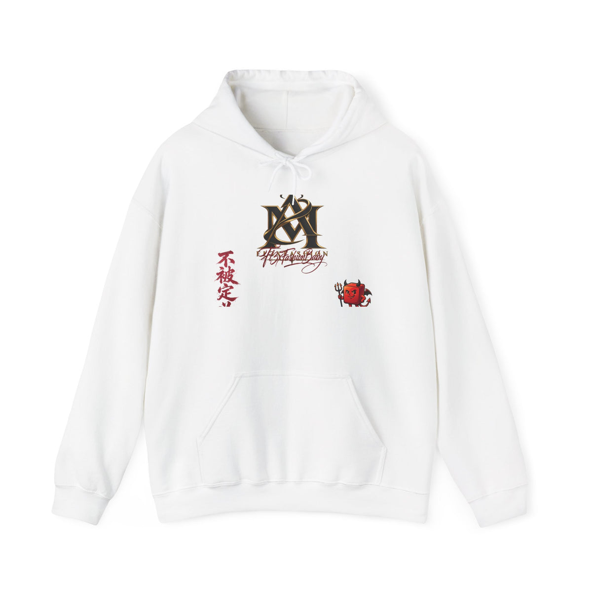 Japanese Calligraphy Logo Hoodie — Kanji "不撓不屈" Design with Red Rose Accent