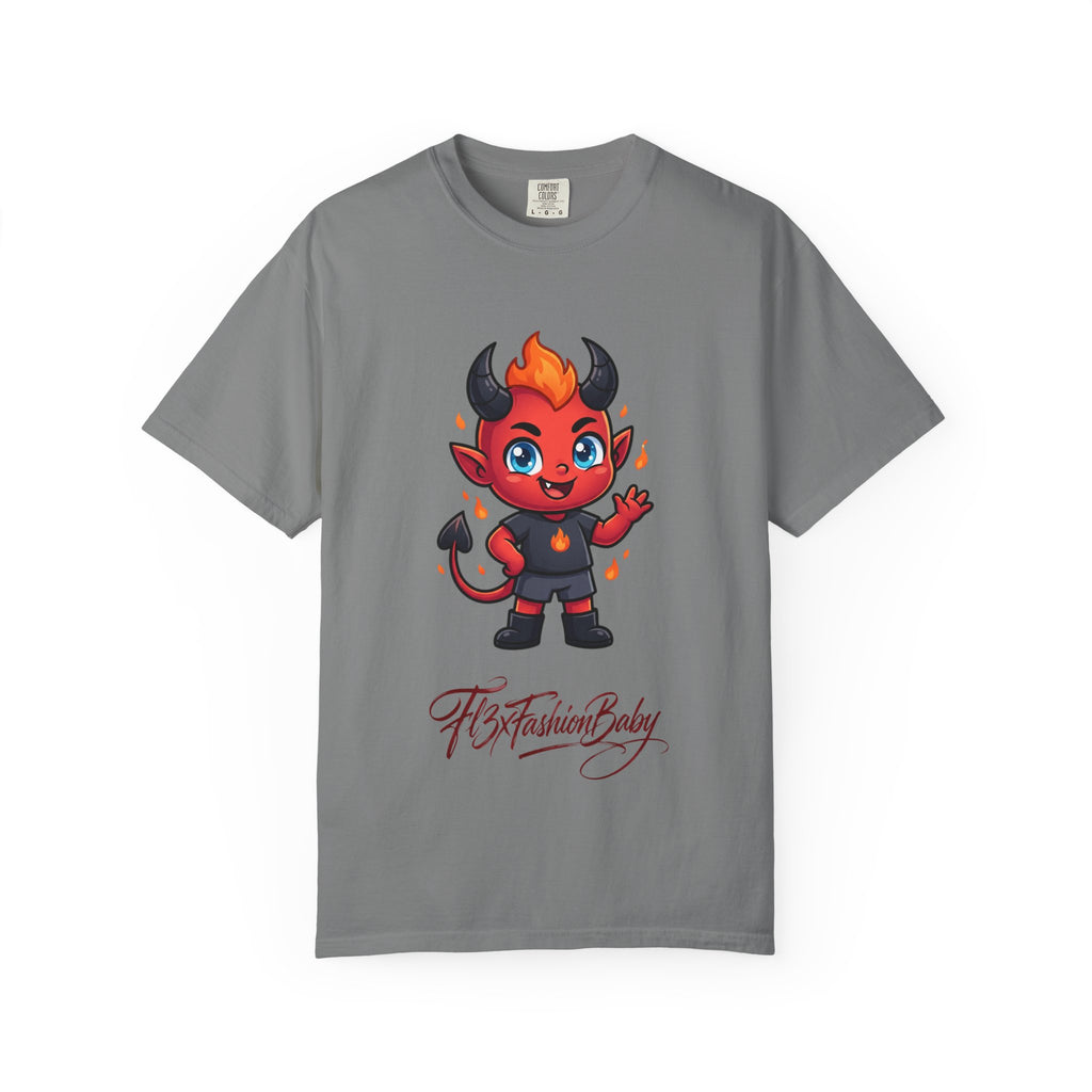 Devil Baby Graphic T-Shirt — Cute Red Demon Cartoon Tee with "FBfashionBaby" Script