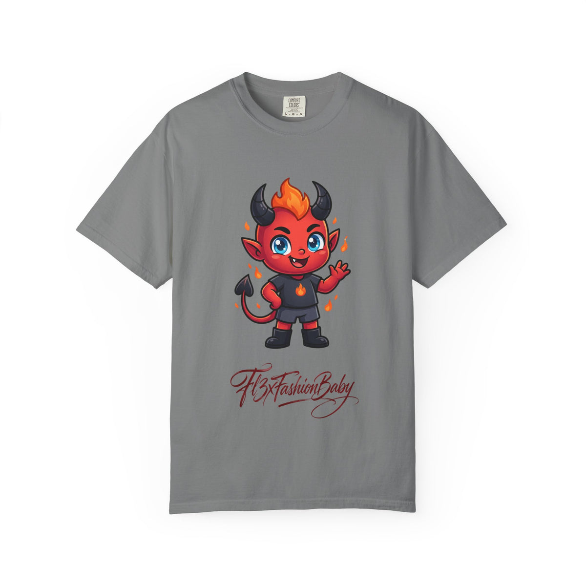 Devil Baby Graphic T-Shirt — Cute Red Demon Cartoon Tee with "FBfashionBaby" Script