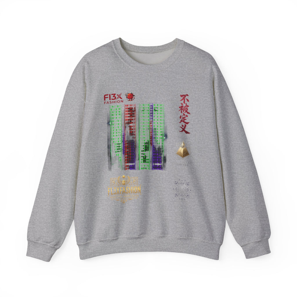 Crewneck Sweatshirt — Cyber Tokyo Graphic with Kanji & Matrix Cityscape