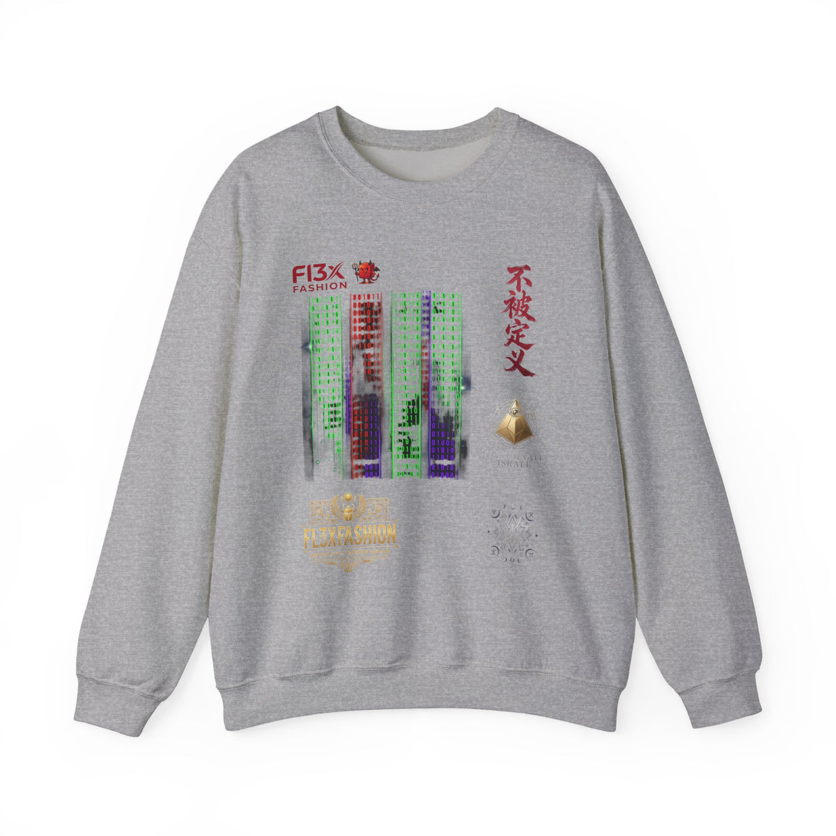 Crewneck Sweatshirt — Cyber Tokyo Graphic with Kanji & Matrix Cityscape