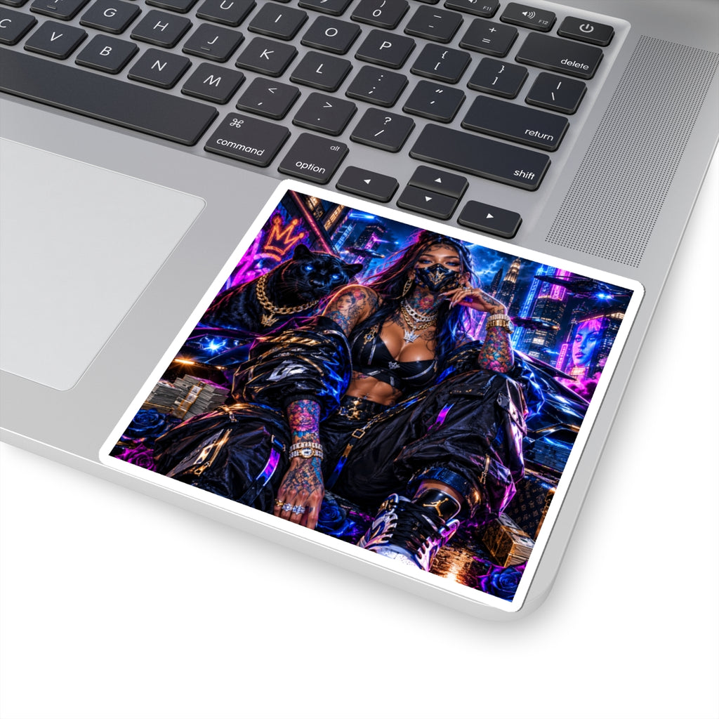 Cyberpunk Femme Fatale Sticker — Neon Street Queen Kiss-Cut Decal