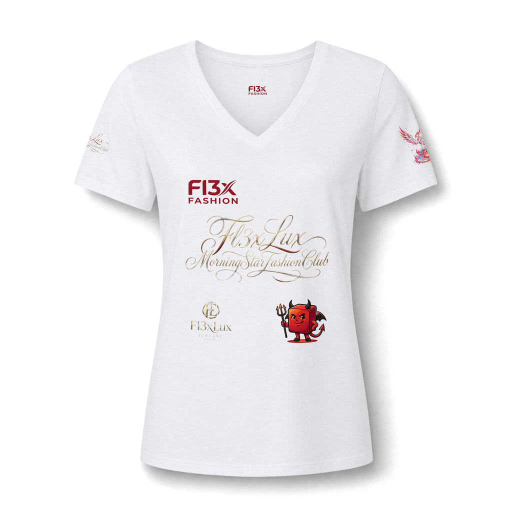 Women's V-Neck Tee — 'F13x Fashion' Floral Logo & Devil Graphic