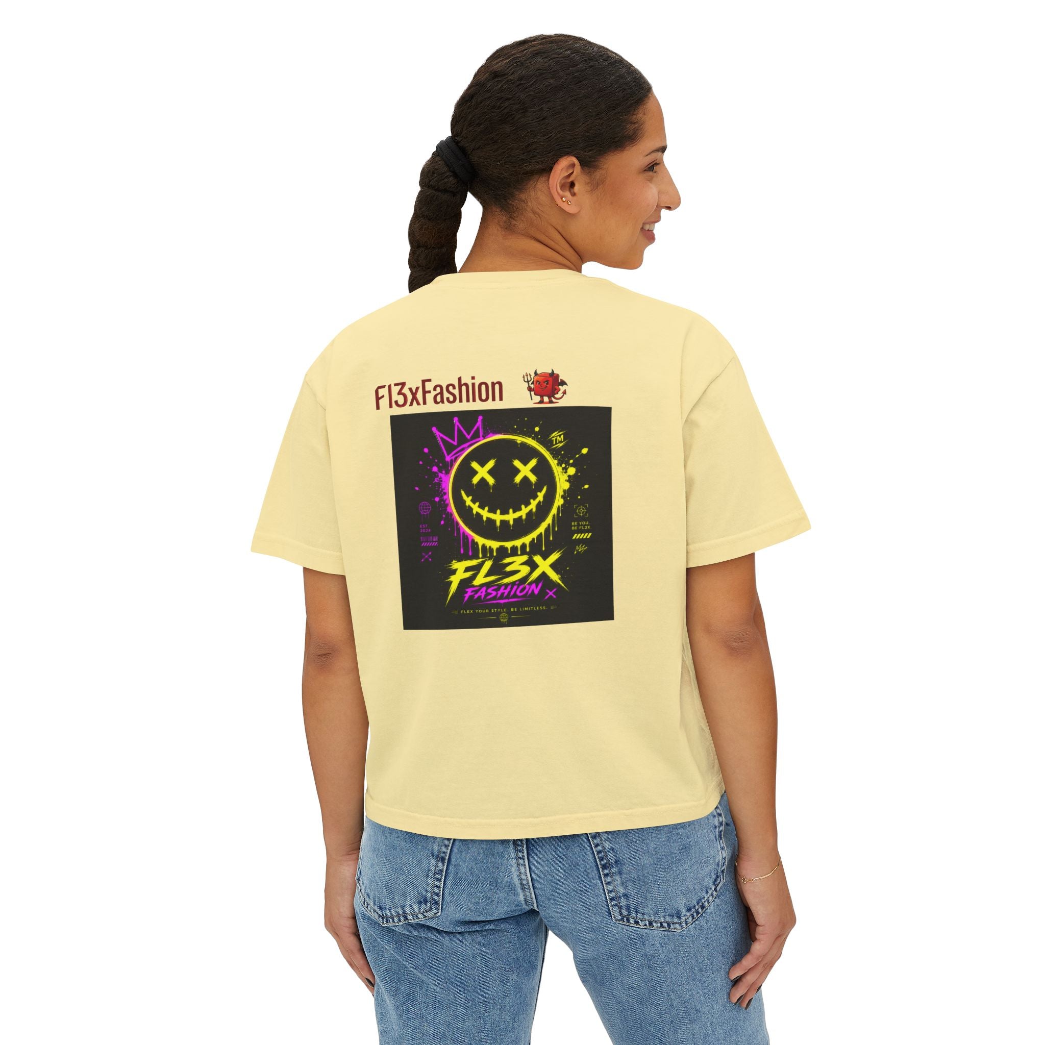 Women's Boxy Tee - Neon Smiley "FL3X" Graphic Streetwear