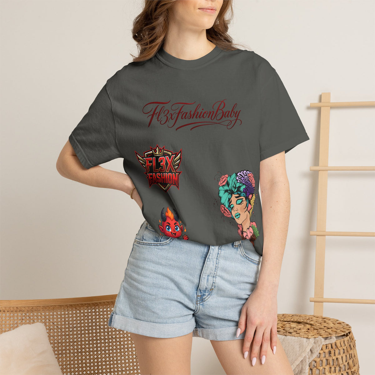 Artistic Floral Portrait T-Shirt — 'Fl3xFashionBaby' Graphic Tee