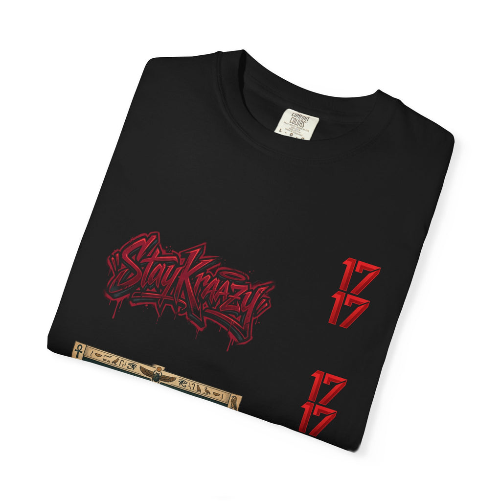 Graphic T-Shirt — Vintage Pyramid Collage with 'Wanted' Drip Design