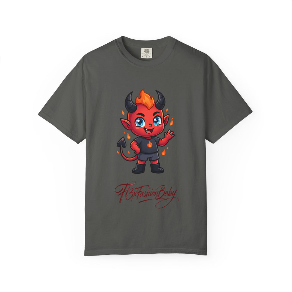 Devil Baby Graphic T-Shirt — Cute Red Demon Cartoon Tee with "FBfashionBaby" Script
