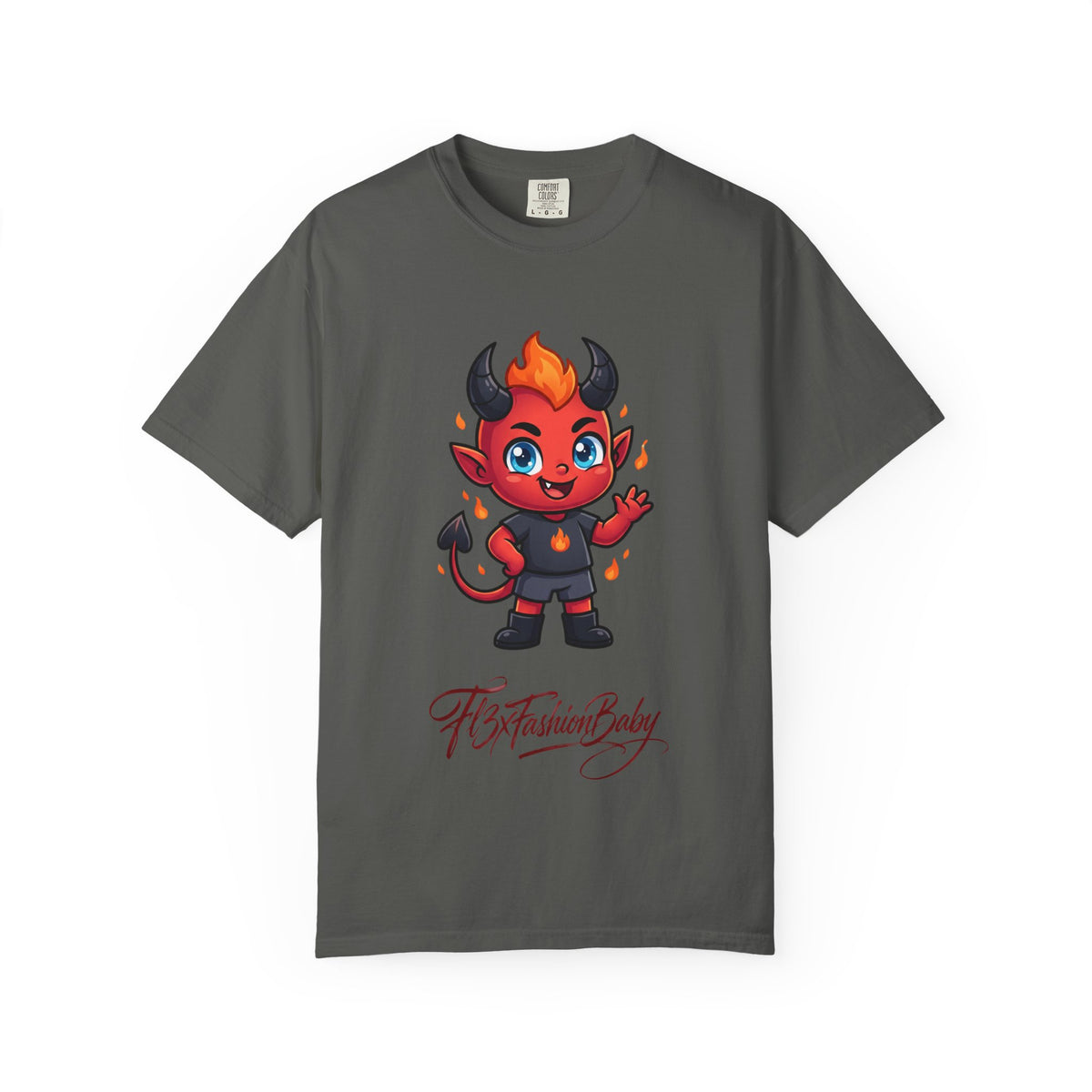 Devil Baby Graphic T-Shirt — Cute Red Demon Cartoon Tee with "FBfashionBaby" Script