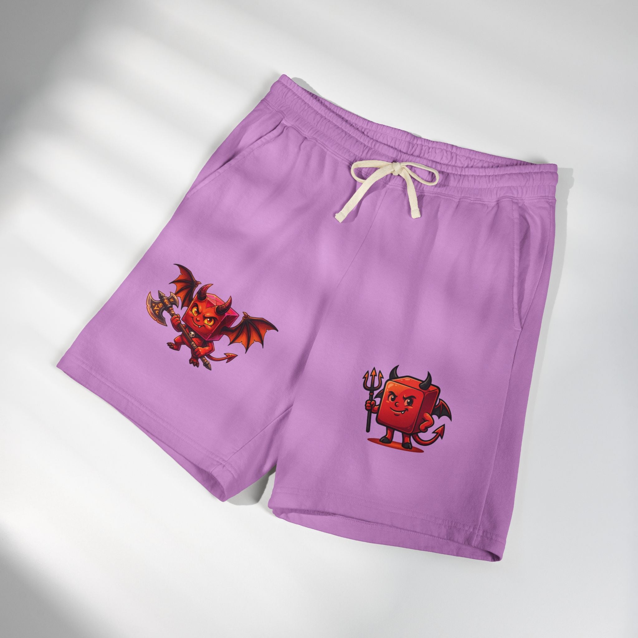 Devil Doodle Fleece Sweat Shorts — Cute Red Demon Graphic Lounge Shorts