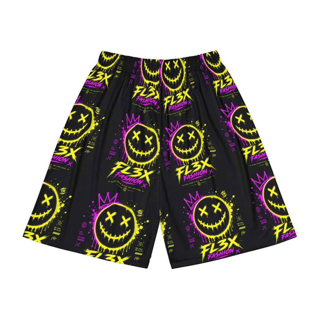 Graphic Sports Shorts — Neon Smiley Streetwear All-Over Print
