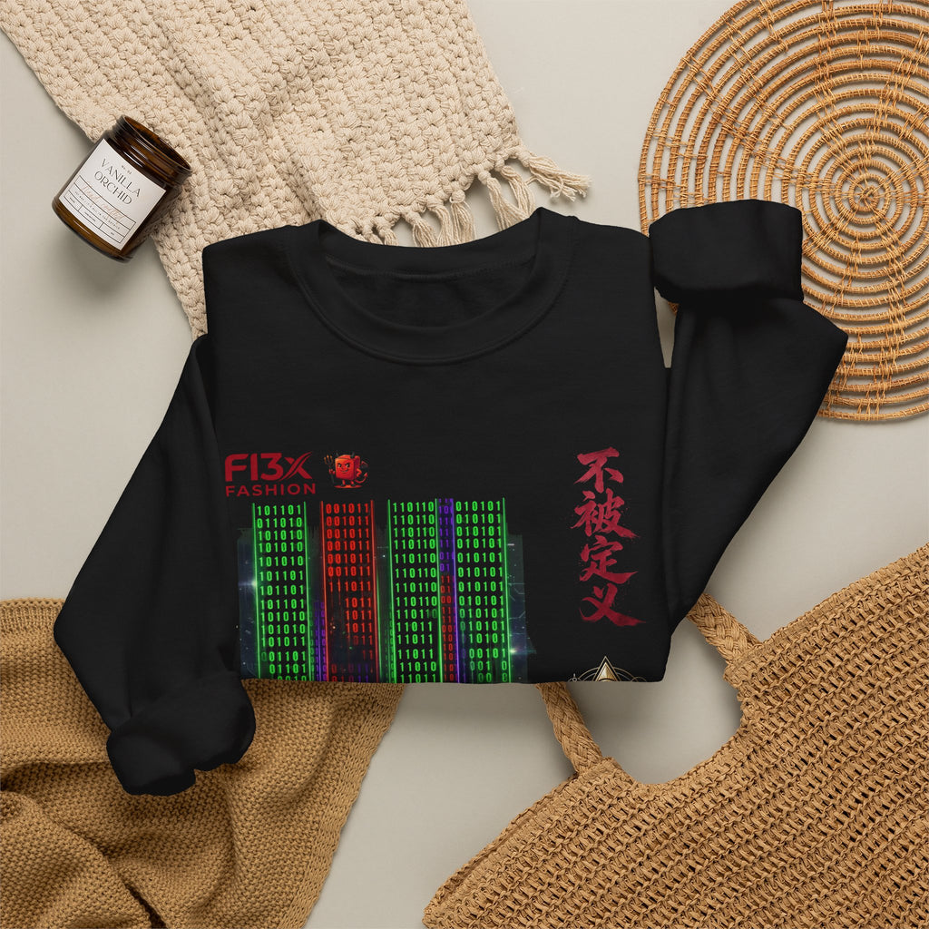 Crewneck Sweatshirt — Cyber Tokyo Graphic with Kanji & Matrix Cityscape