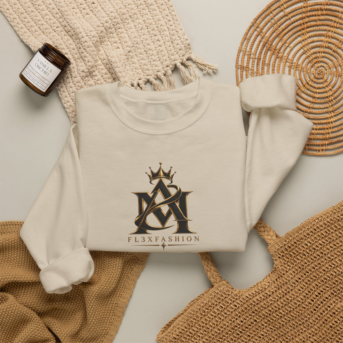 Asian-Inspired Logo Crewneck Sweatshirt — Monogram, Kanji & Lucky Charm Design