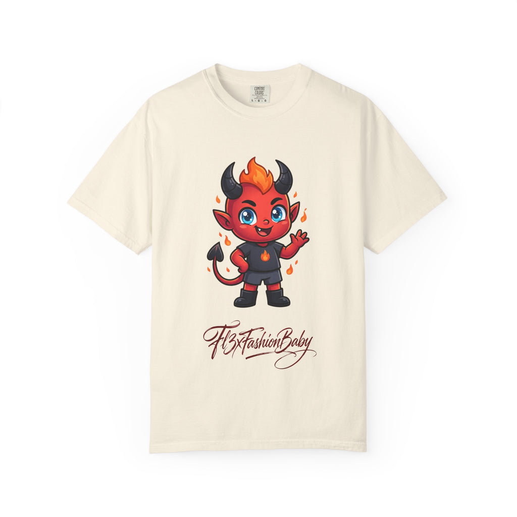 Devil Baby Graphic T-Shirt — Cute Red Demon Cartoon Tee with "FBfashionBaby" Script