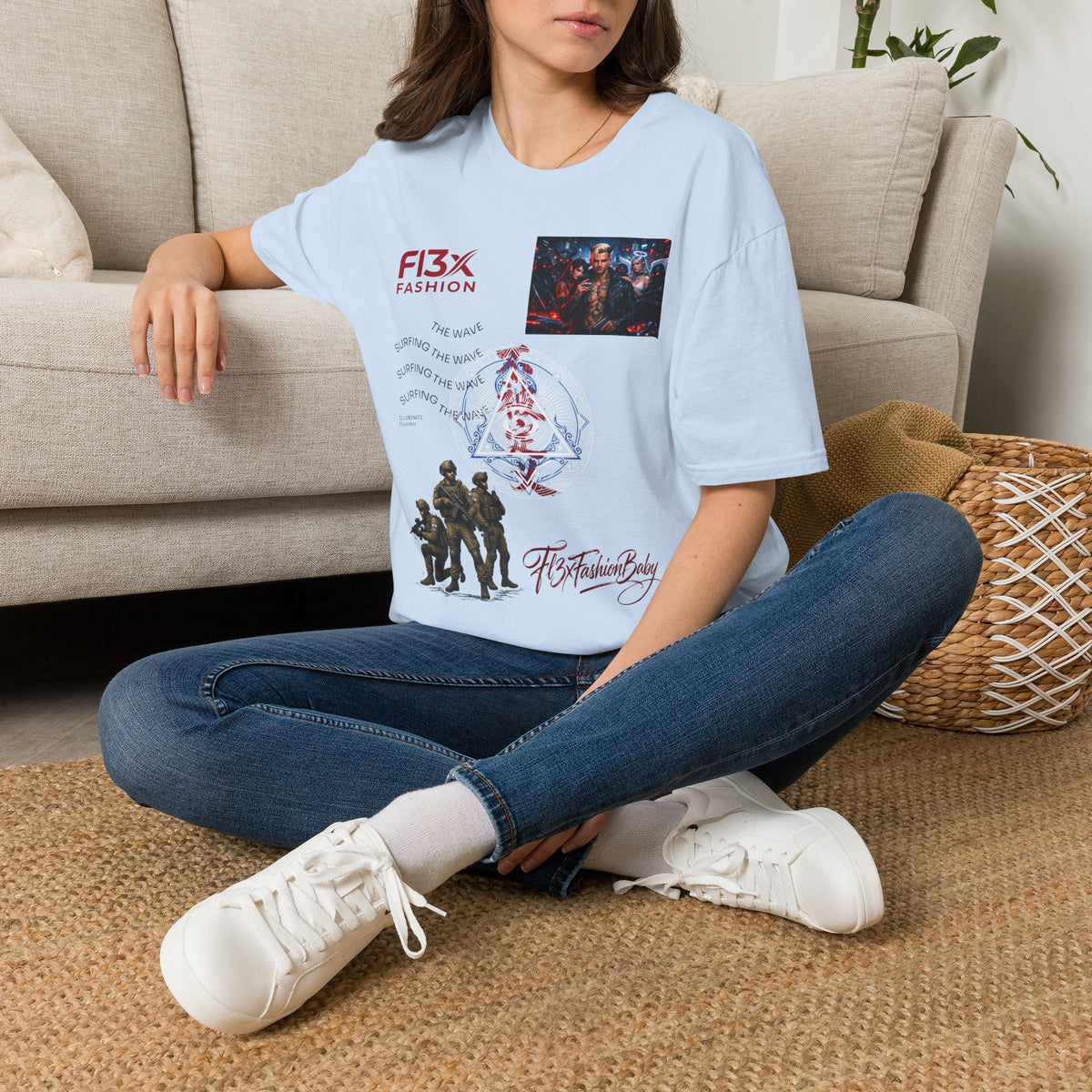 Graphic T-Shirt — F13X Fashion Collage Tee (Surfing Wave & Retro Crew)