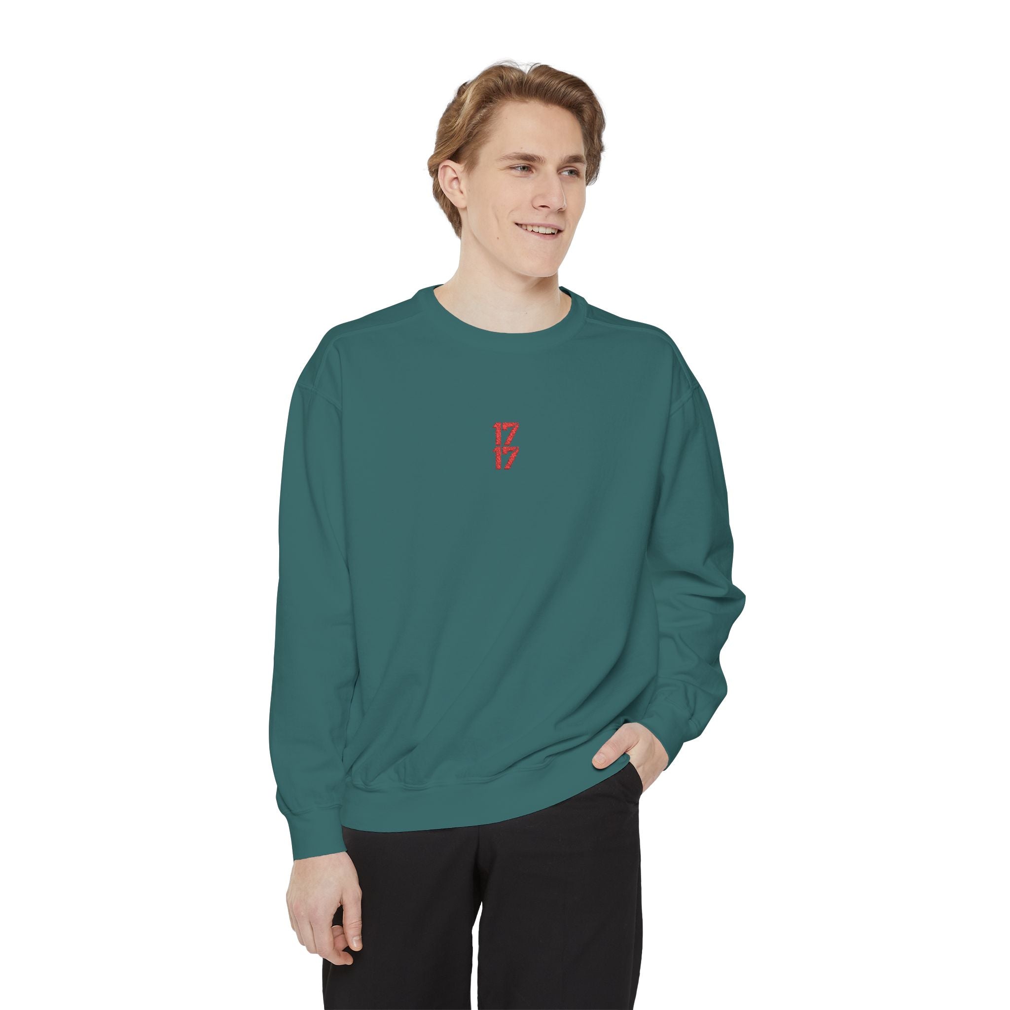 Sweatshirt — Minimal Red "17/17" Chest Logo Garment-Dyed Crew
