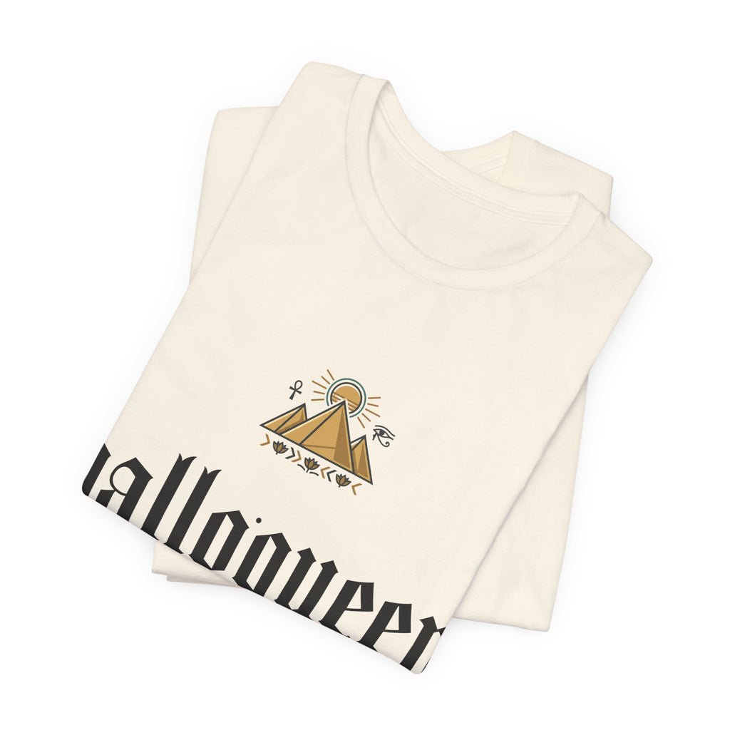Halloqueen Graphic Tee — Gothic Script Halloween T‑Shirt with Pyramid & Asian Calligraphy