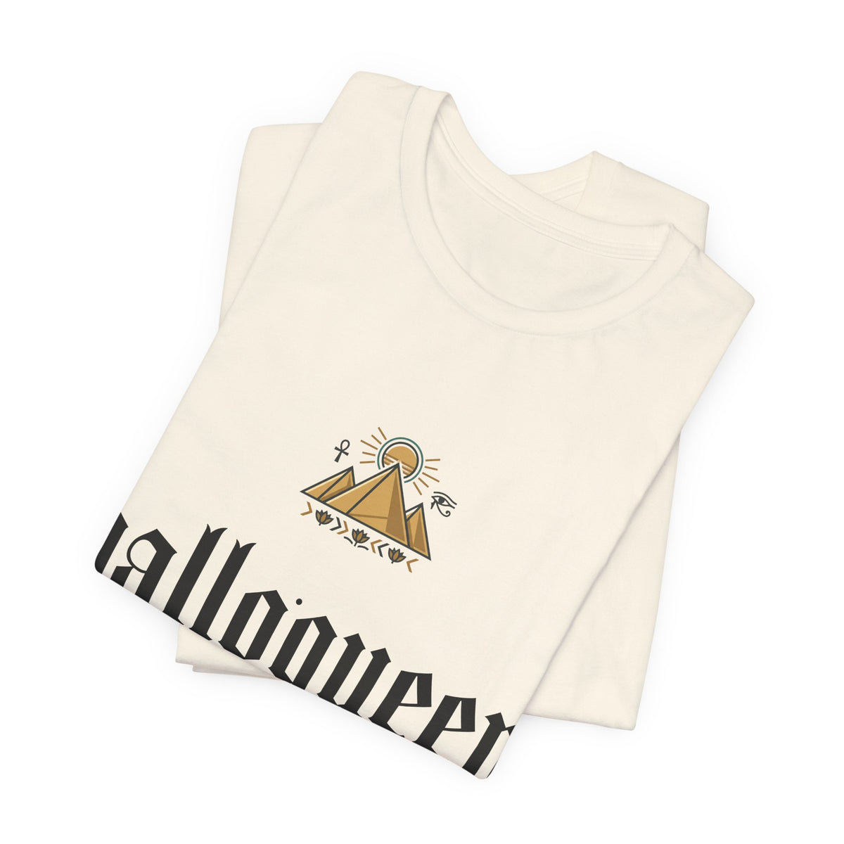 Halloqueen Graphic Tee — Gothic Script Halloween T‑Shirt with Pyramid & Asian Calligraphy