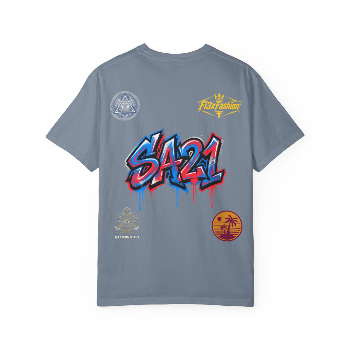 SA21 Graffiti T-Shirt — Urban Streetwear Tee with Drip Art & Tropical Patch