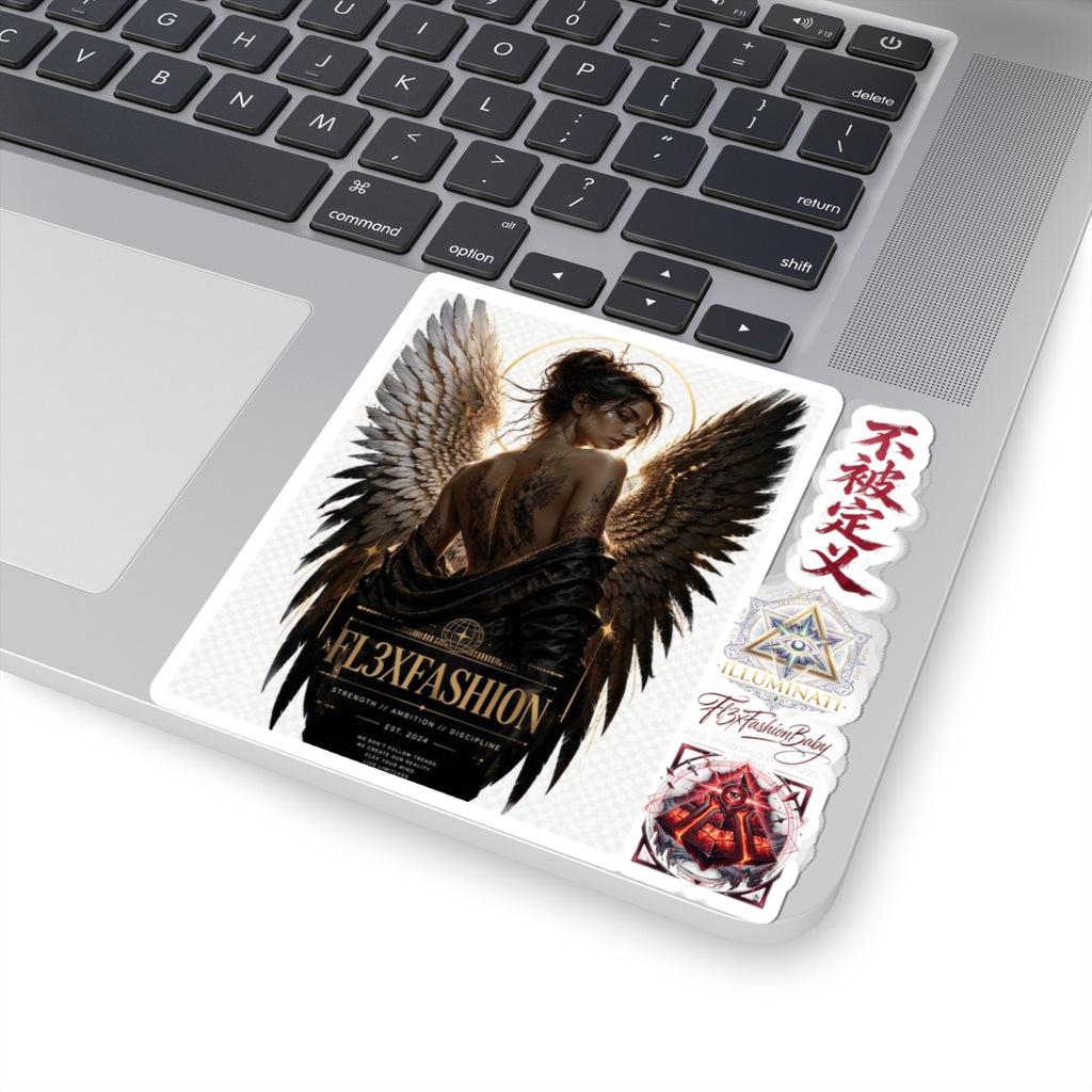 Dark Angel Kiss-Cut Sticker Sheet — Gothic Winged Woman, Japanese Script & Occult Icons