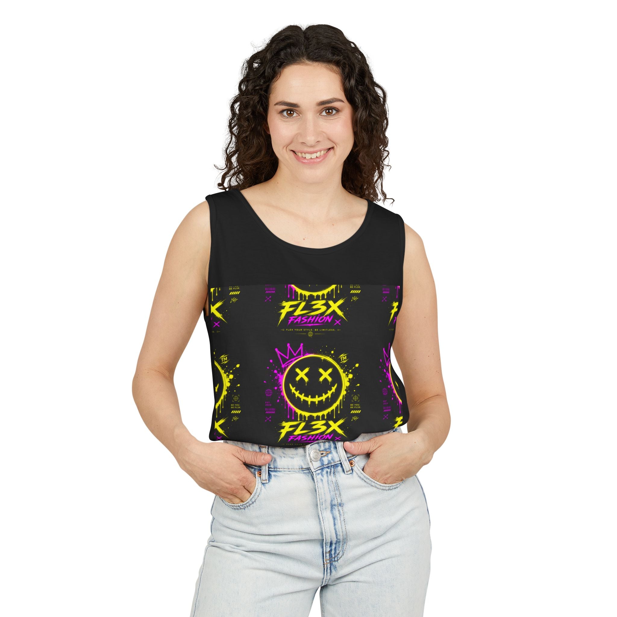 FL3X Fashion Graphic Tank Top — Neon Smiley & Devil Logo Streetwear