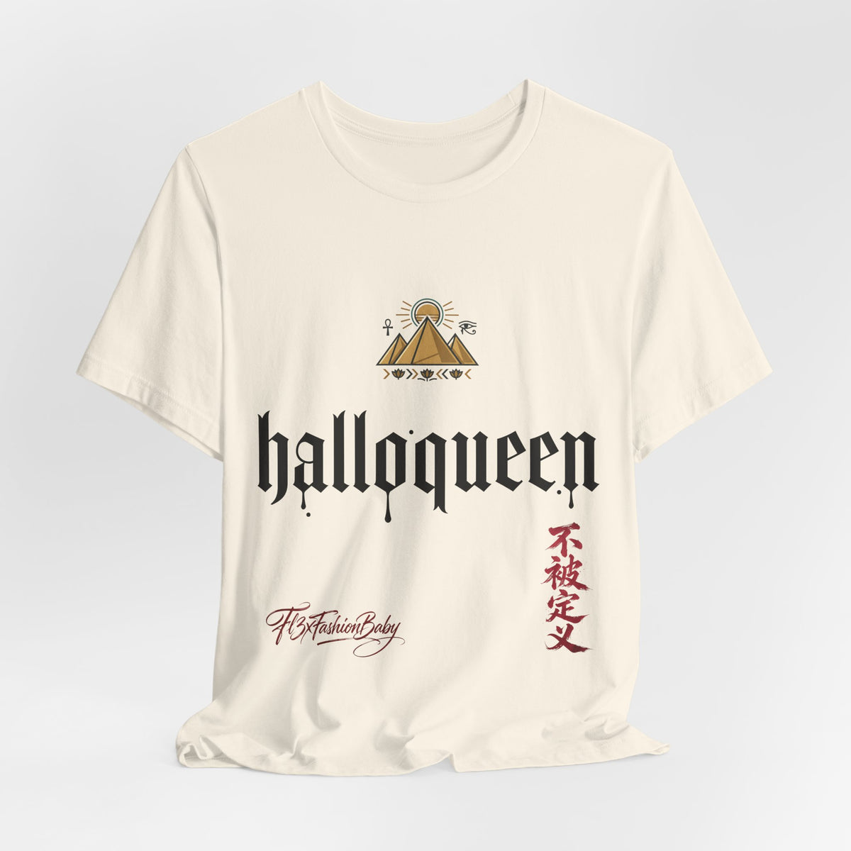 Halloqueen Graphic Tee — Gothic Script Halloween T‑Shirt with Pyramid & Asian Calligraphy