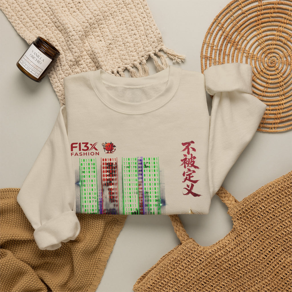 Crewneck Sweatshirt — Cyber Tokyo Graphic with Kanji & Matrix Cityscape