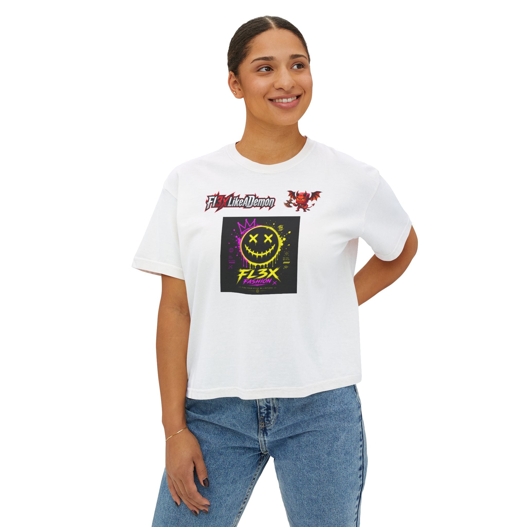 Women's Boxy Tee - Neon Smiley "FL3X" Graphic Streetwear