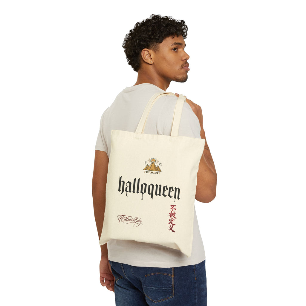 HalloQueen Cotton Canvas Tote Bag — Gothic Script Pumpkin Crown Design