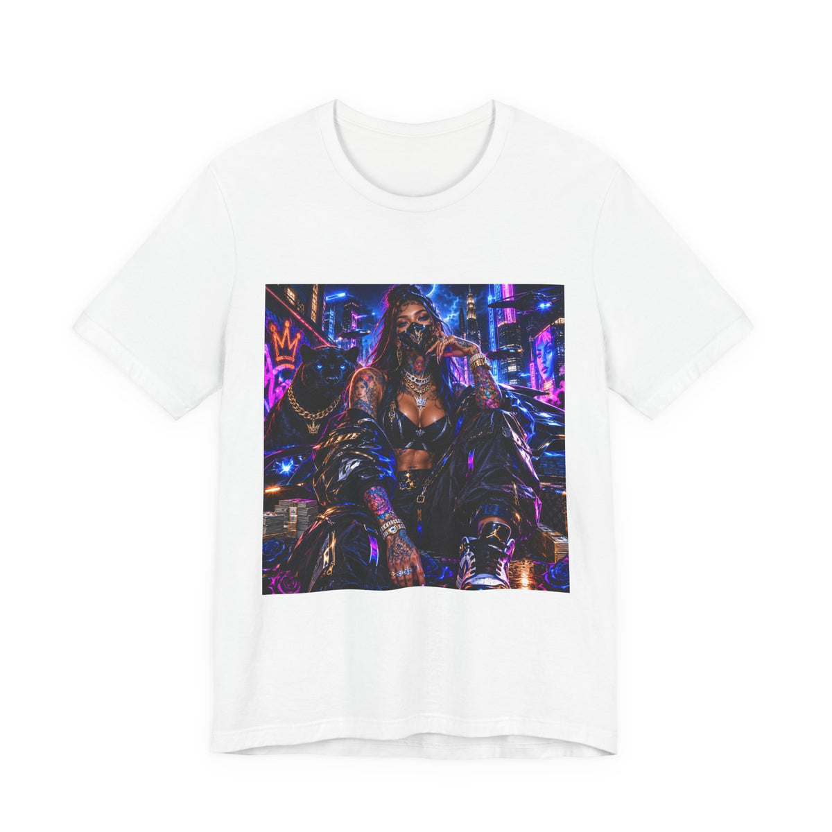 Cyberpunk Streetwear Tee — Neon Masked Woman Graphic T-Shirt