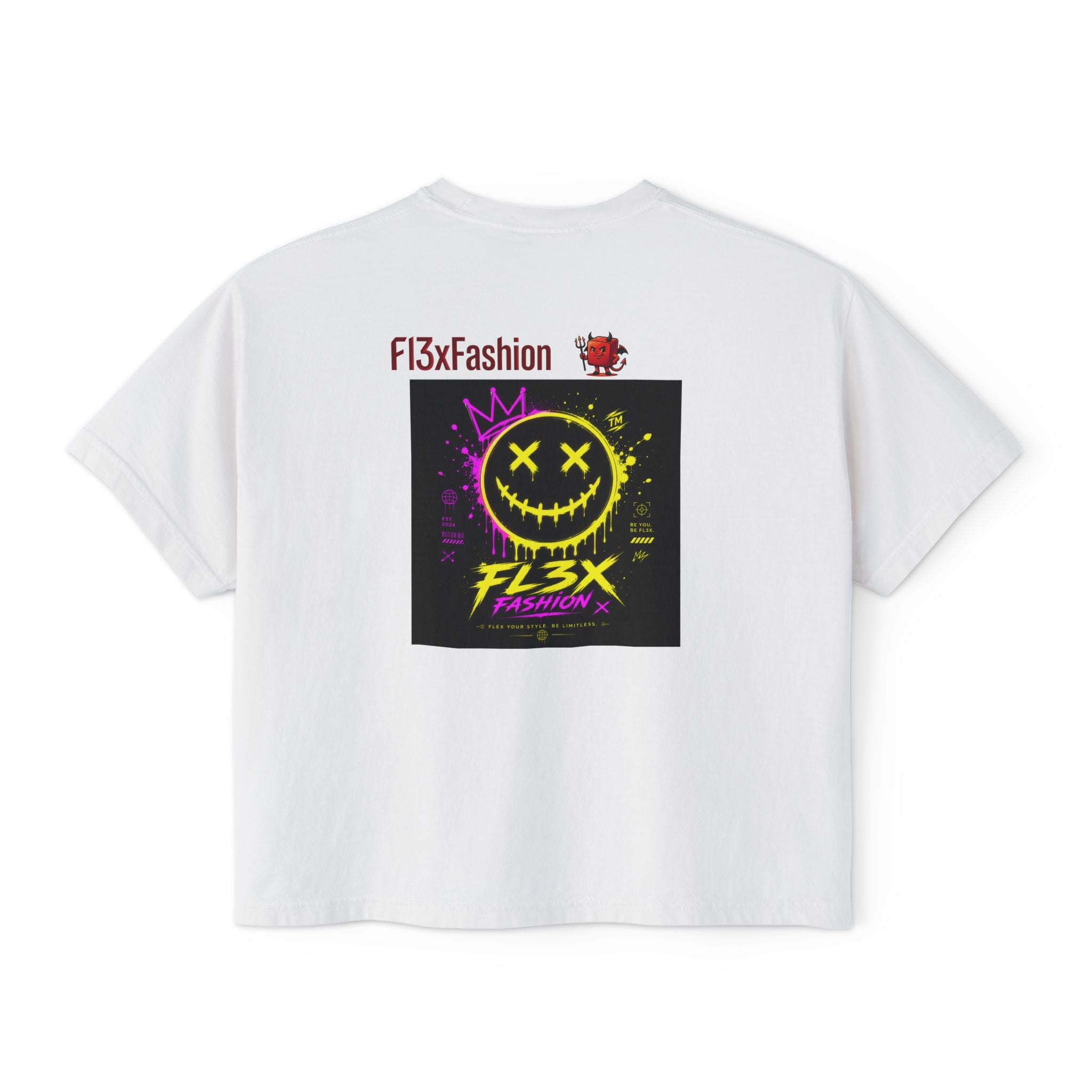 Women's Boxy Tee - Neon Smiley "FL3X" Graphic Streetwear