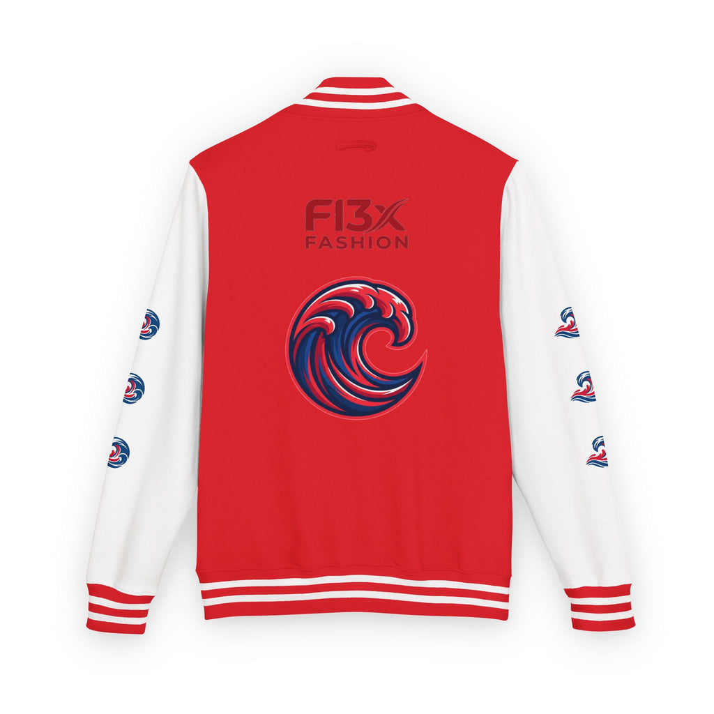 Letterman Jacket — Red Wave Graphic Varsity Jacket with 'F13X Fashion' Logo