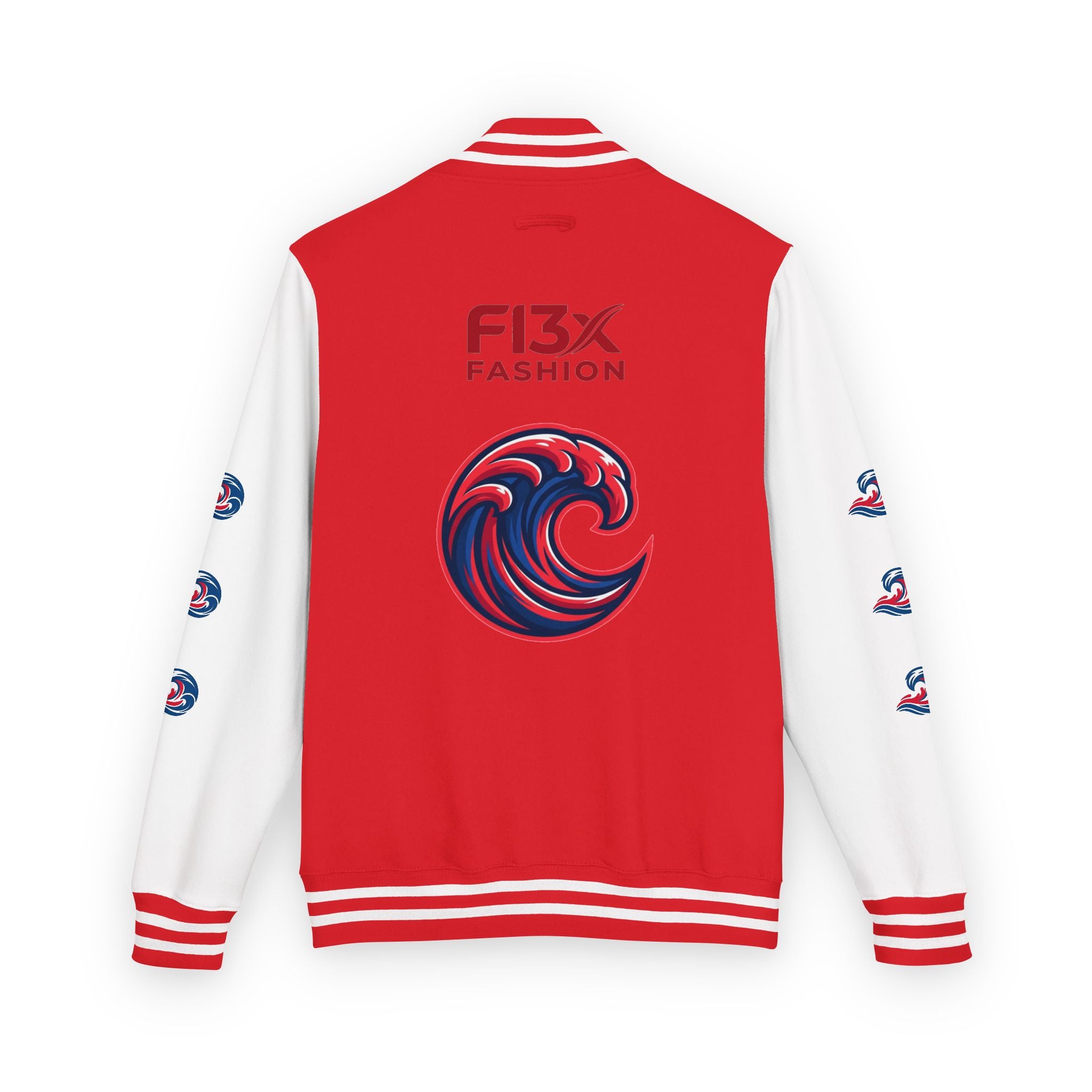 Letterman Jacket — Red Wave Graphic Varsity Jacket with 'F13X Fashion' Logo