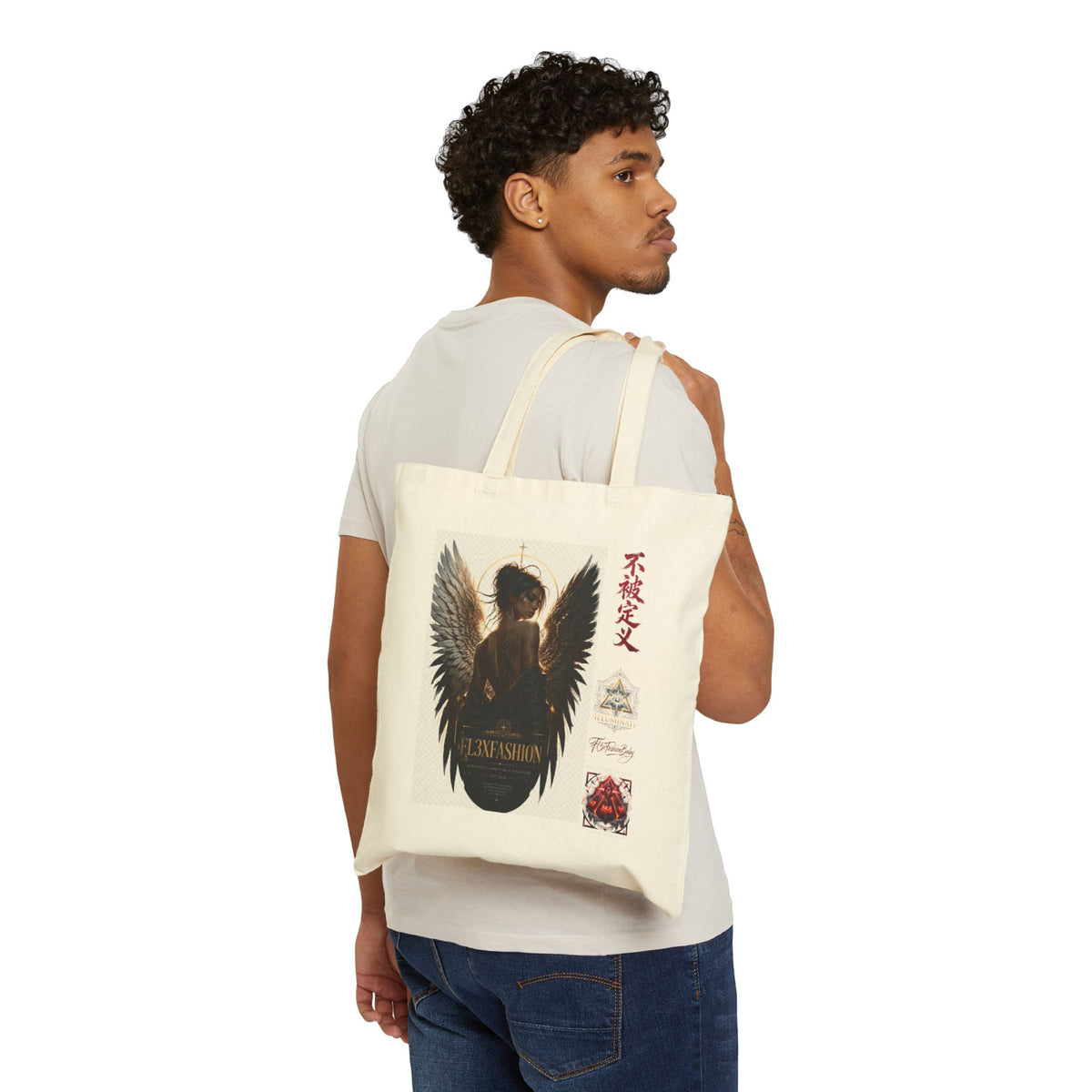 Angel Wings Graphic Tote Bag — Dark Fantasy Cotton Canvas Tote with Gothic Kanji Accents