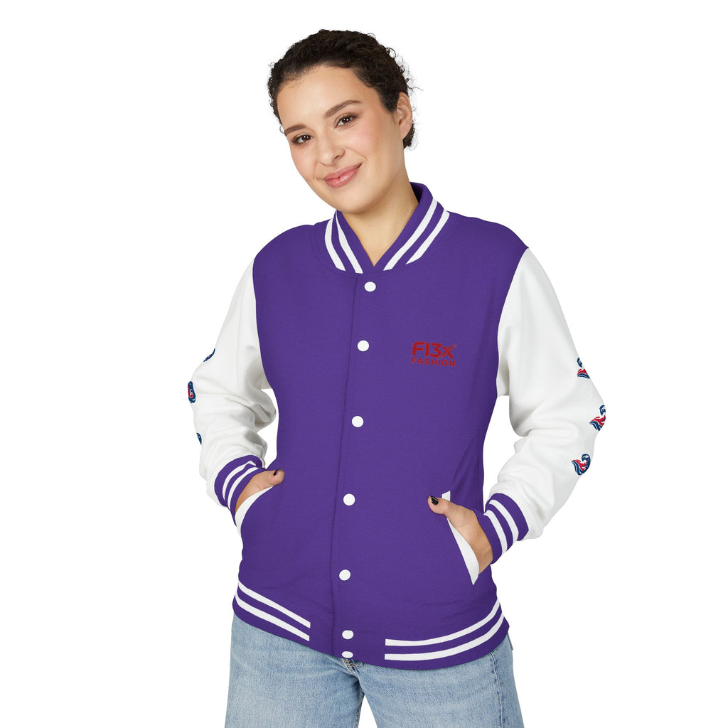 Letterman Jacket — Red Wave Graphic Varsity Jacket with 'F13X Fashion' Logo