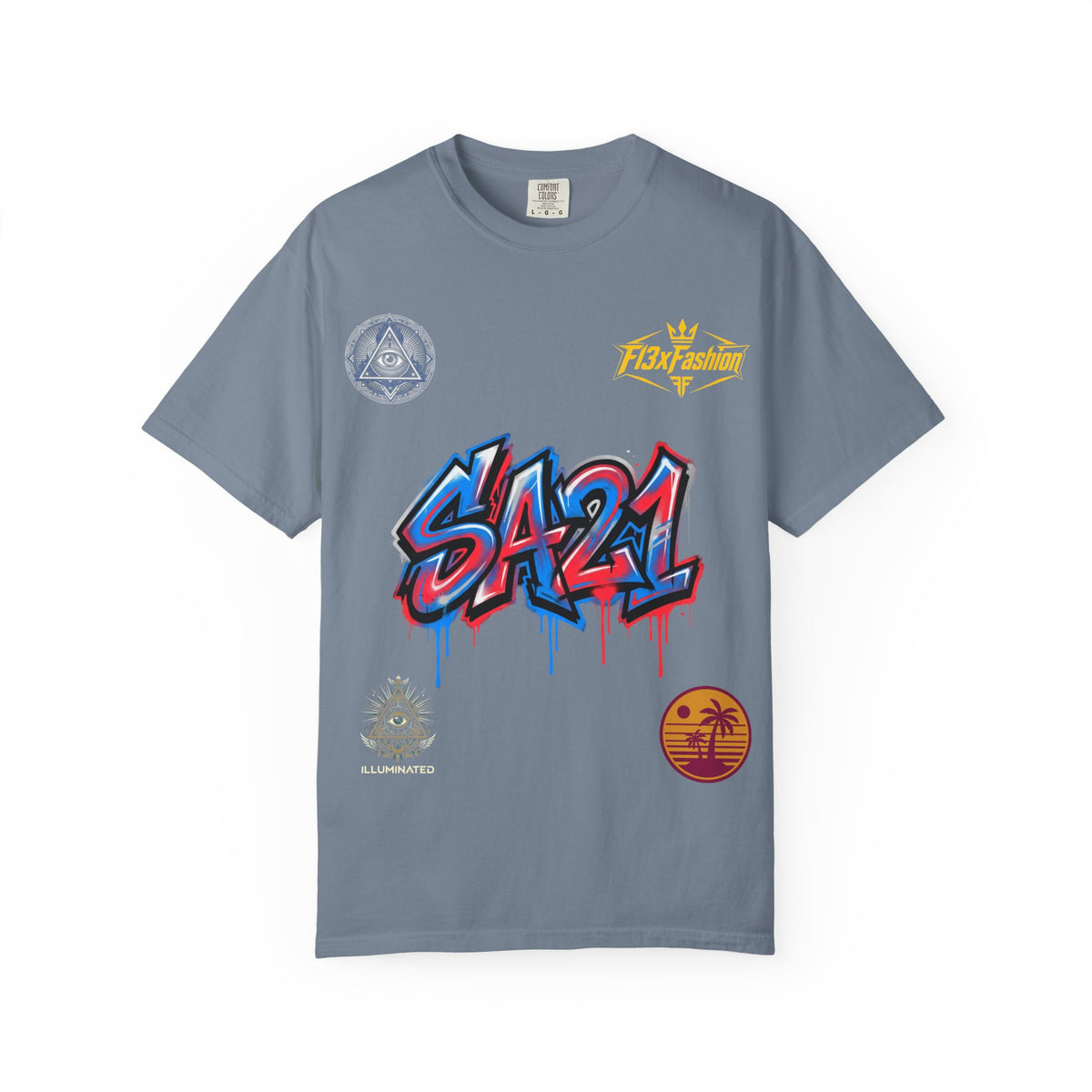 SA21 Graffiti T-Shirt — Urban Streetwear Tee with Drip Art & Tropical Patch