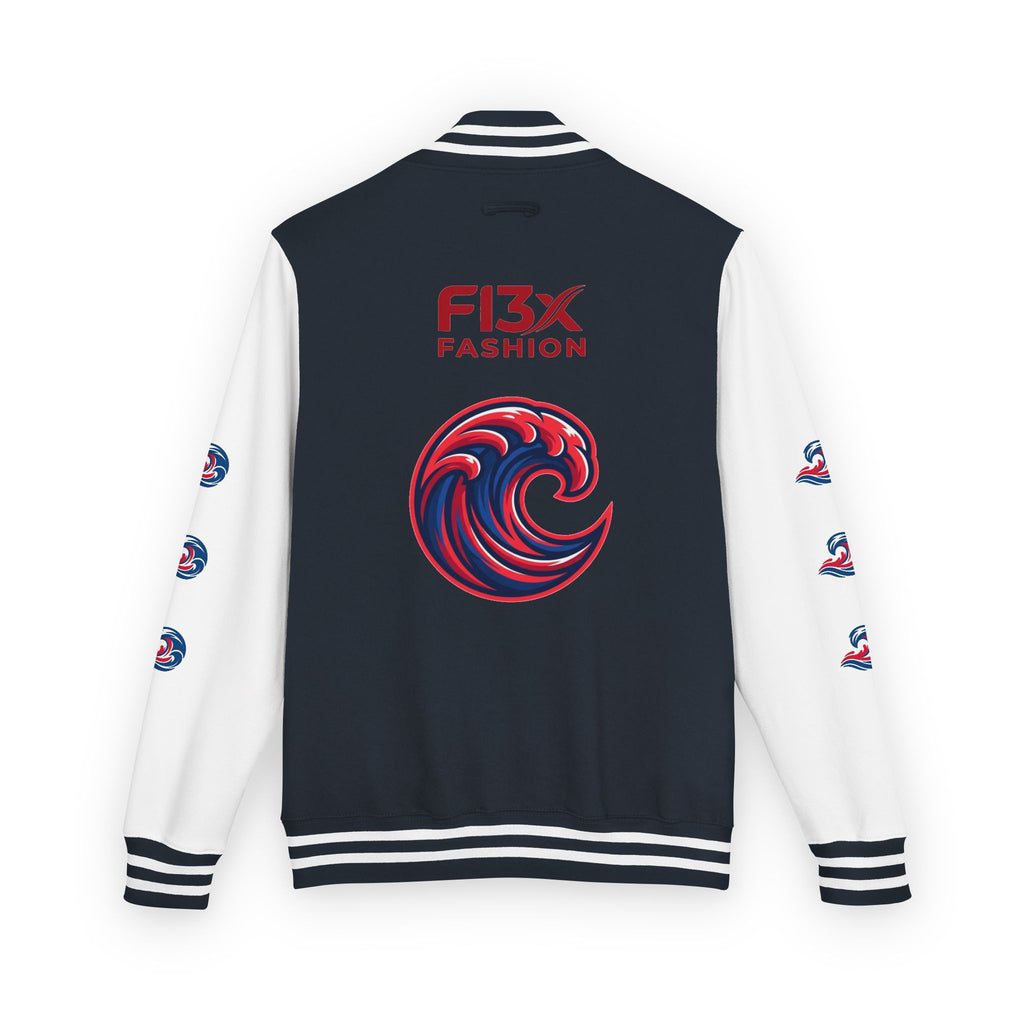 Letterman Jacket — Red Wave Graphic Varsity Jacket with 'F13X Fashion' Logo