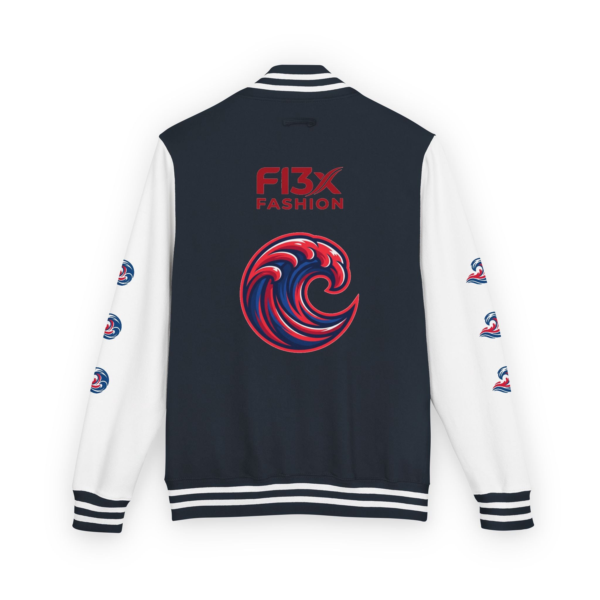 Letterman Jacket — Red Wave Graphic Varsity Jacket with 'F13X Fashion' Logo