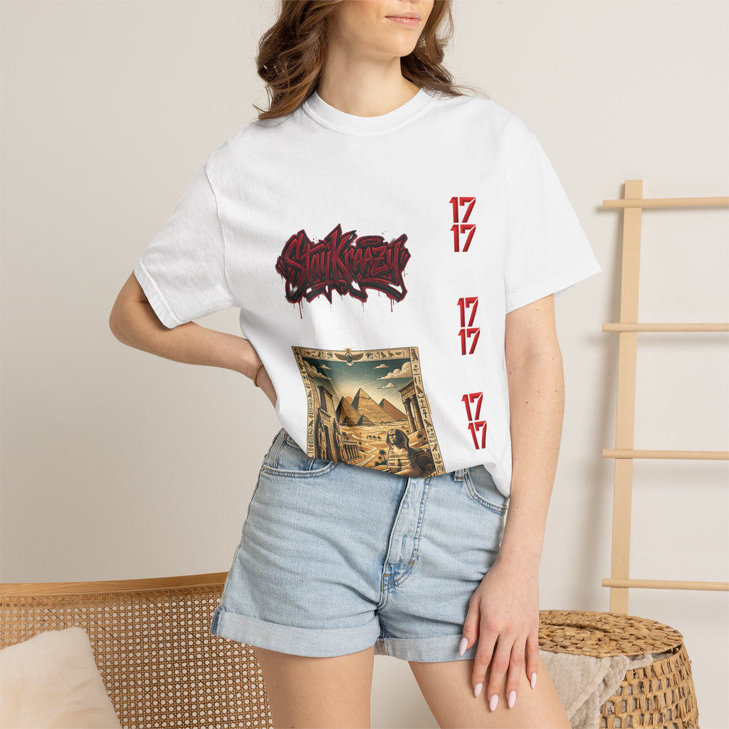 Graphic T-Shirt — Vintage Pyramid Collage with 'Wanted' Drip Design