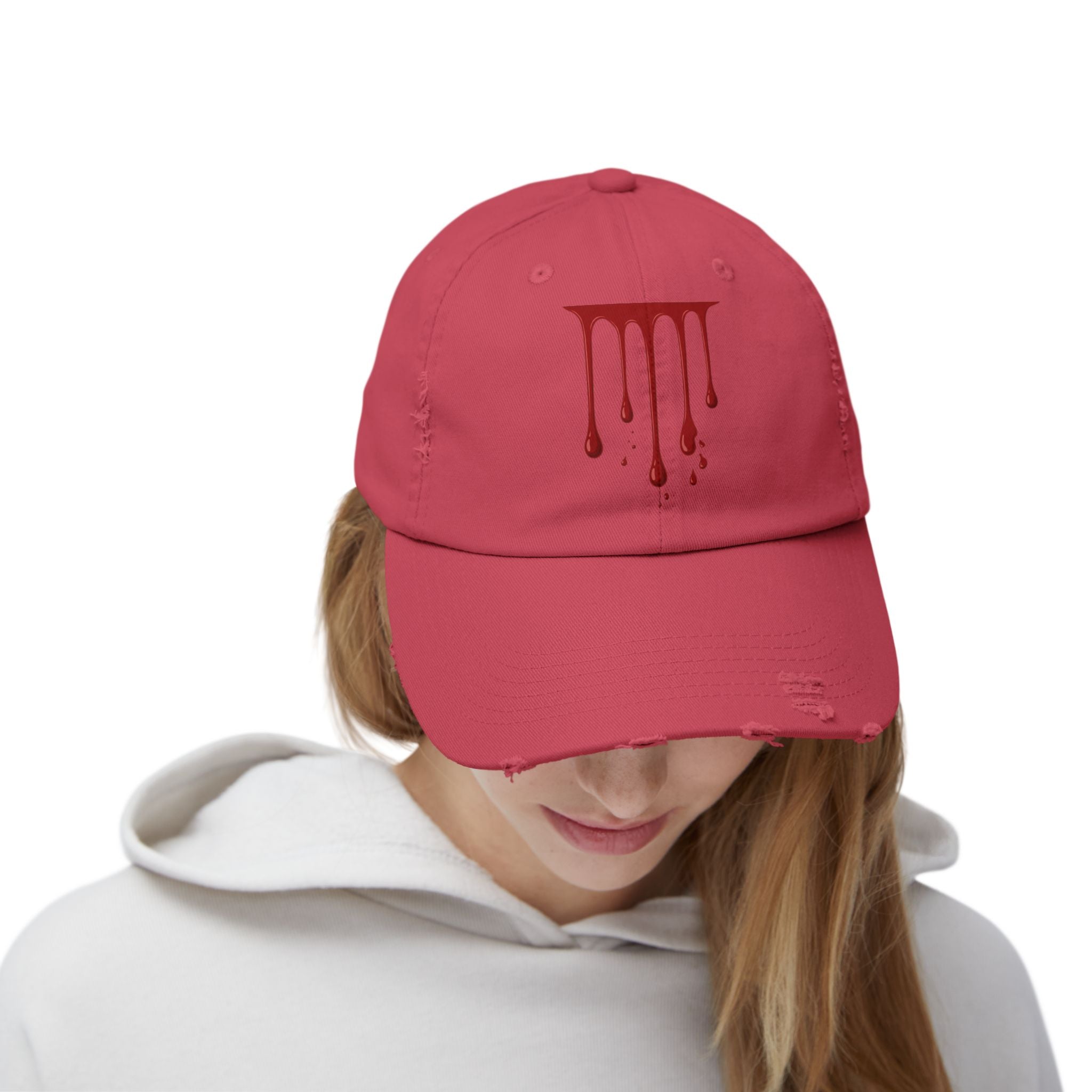 Distressed Black Cap with Red Drip Graphic – Gothic Blood Drip Hat