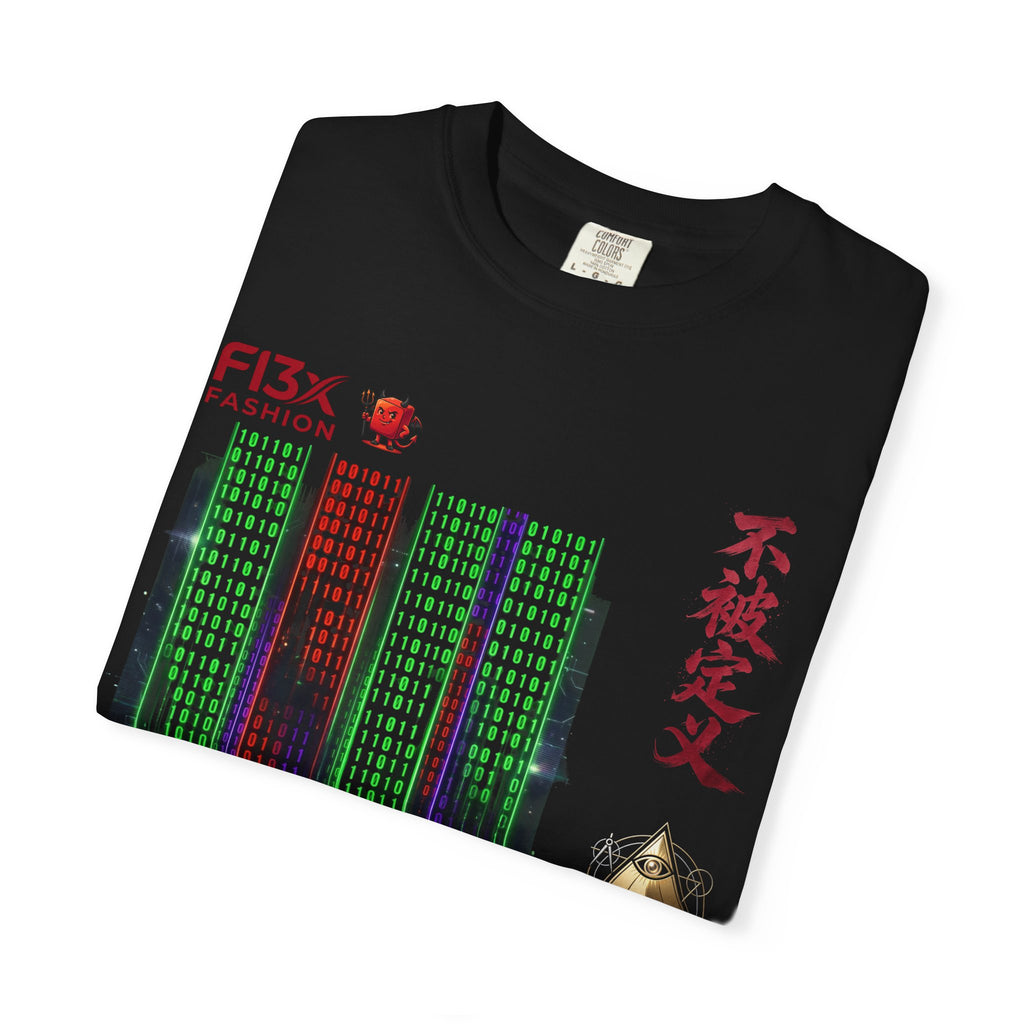 Graphic T-Shirt — Futuristic Cityscape Design with Japanese Calligraphy