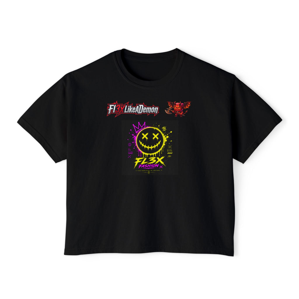 Women's Boxy Tee - Neon Smiley "FL3X" Graphic Streetwear