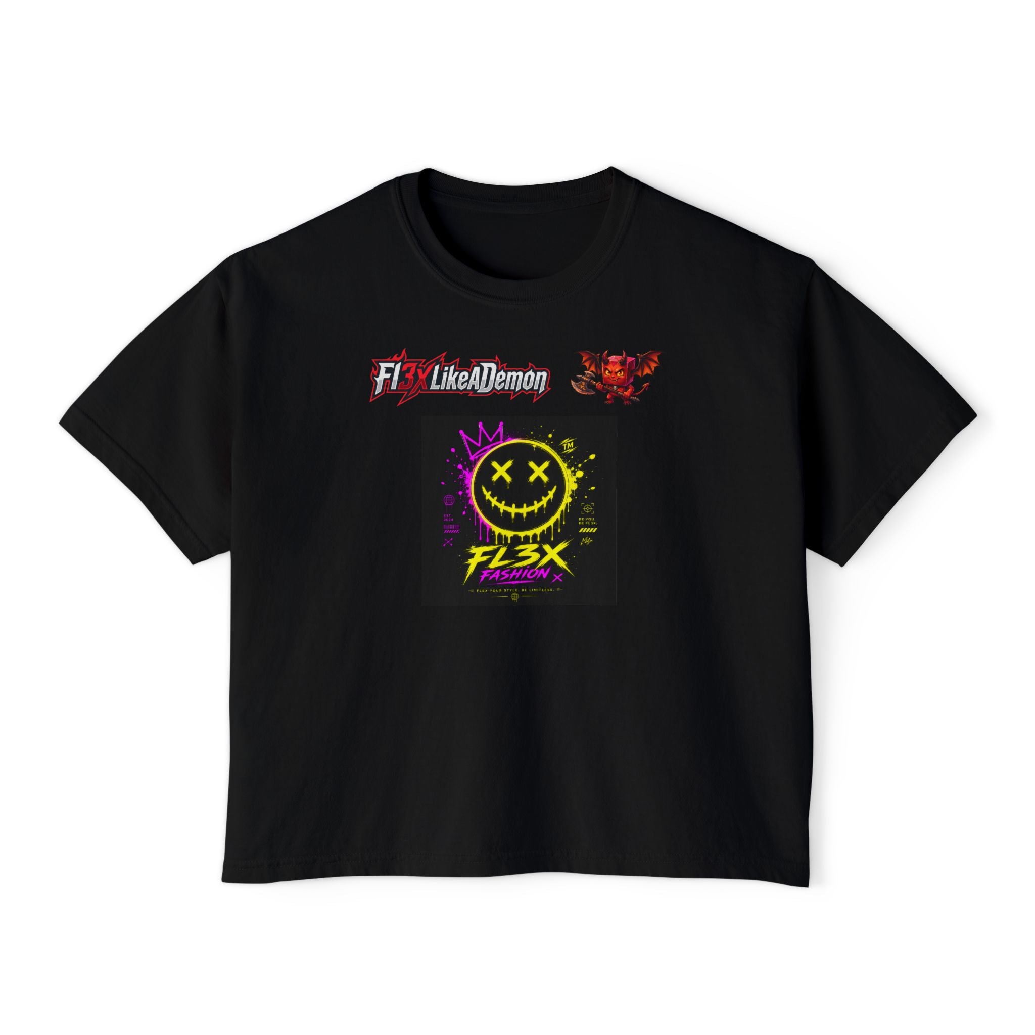 Women's Boxy Tee - Neon Smiley "FL3X" Graphic Streetwear