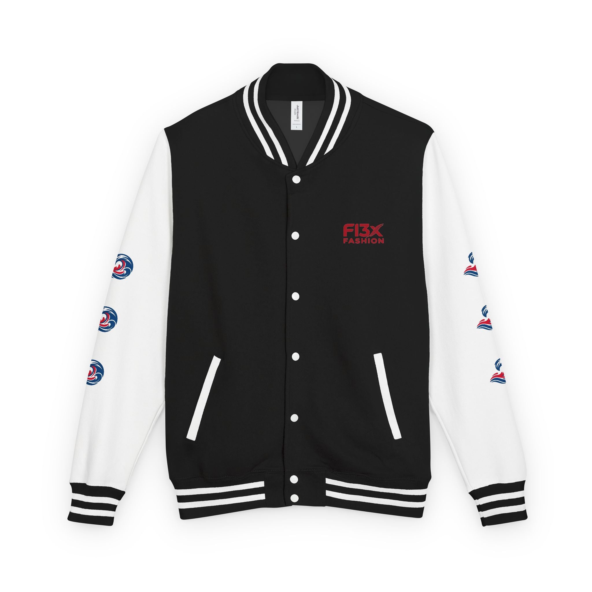 Letterman Jacket — Red Wave Graphic Varsity Jacket with 'F13X Fashion' Logo