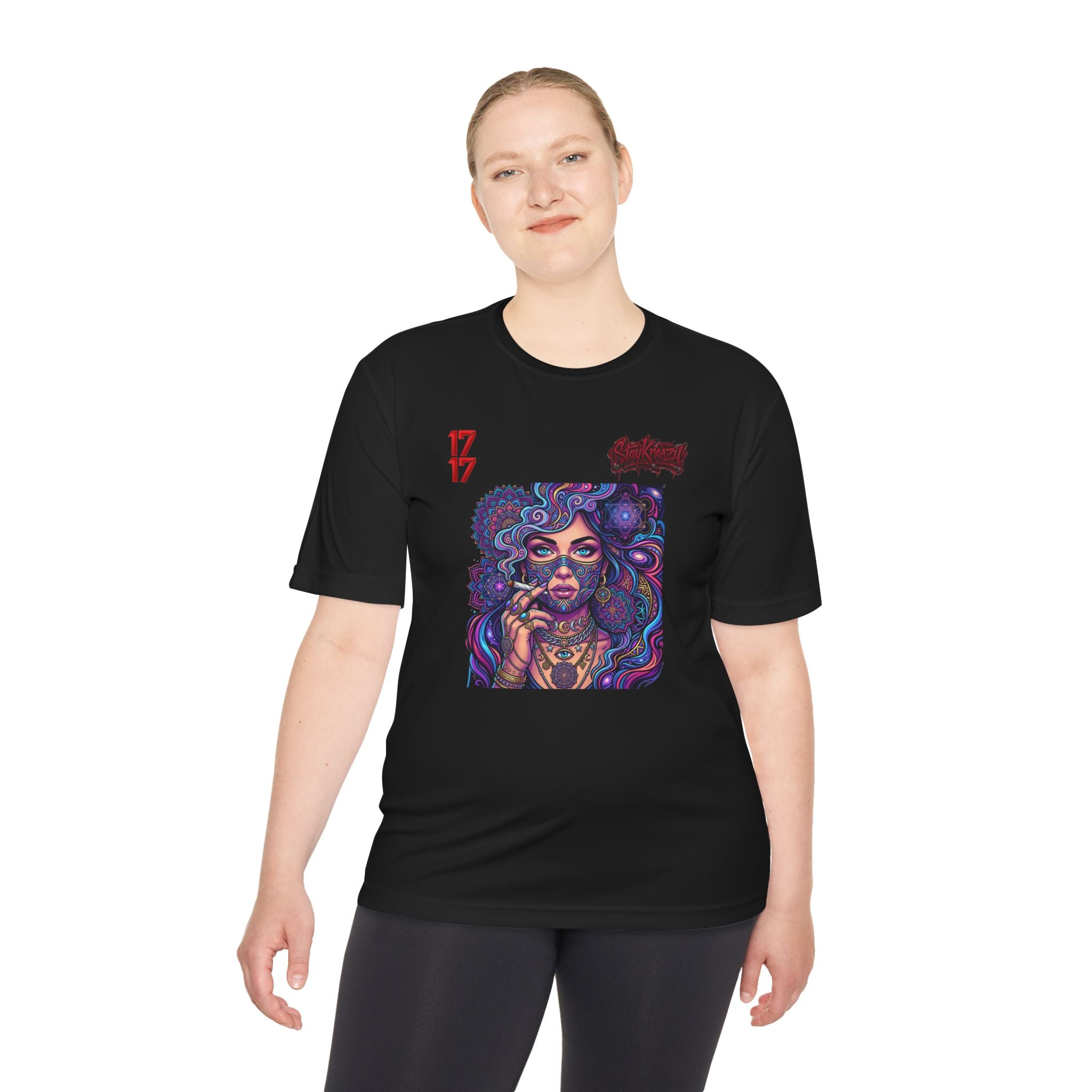 Psychedelic Woman Graphic Tee — Retro Cosmic Portrait Moisture‑Wicking Shirt
