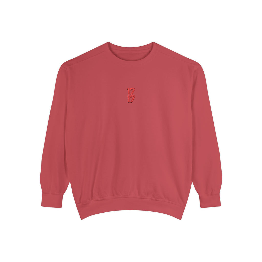 Sweatshirt — Minimal Red "17/17" Chest Logo Garment-Dyed Crew