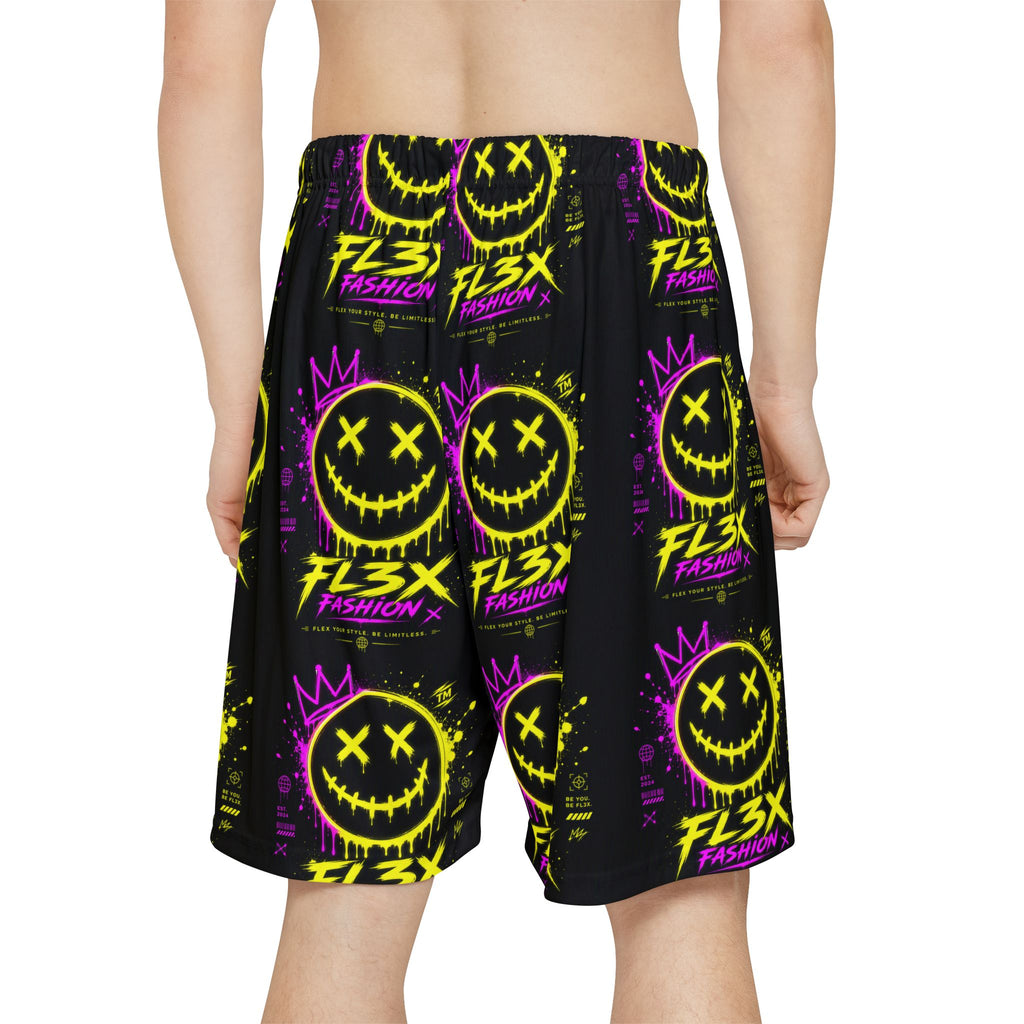 Graphic Sports Shorts — Neon Smiley Streetwear All-Over Print