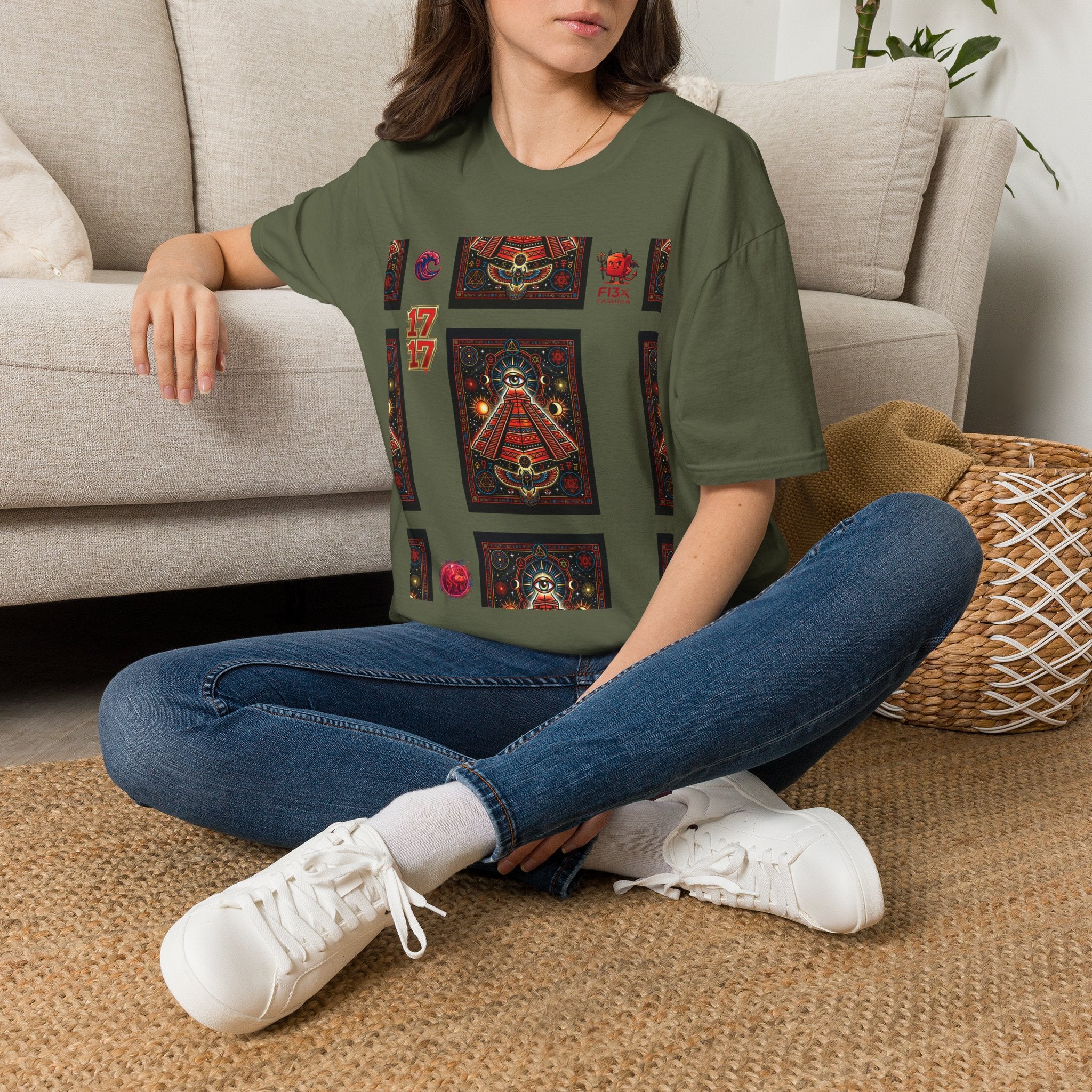 T-Shirt — Retro Cosmic Tarot Graphic with '17' Mystic Symbols